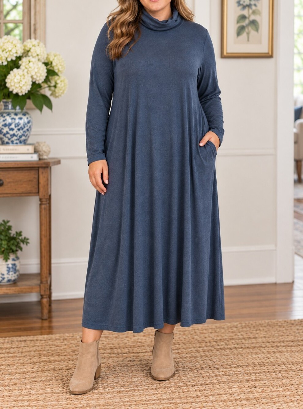 Soft Surroundings Long Sleeve Maxi Dress Relaxed Turtleneck - Blue Heather Sz 1X